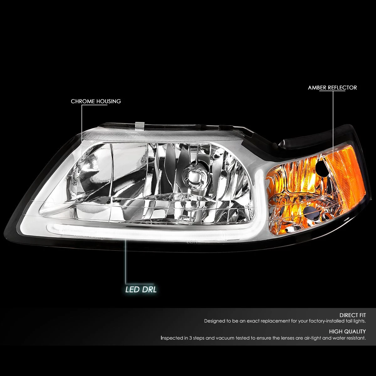 99-04 Ford Mustang LED DRL Bar Headlights - Chrome / Amber 2 99-04 Ford Mustang LED DRL Bar Headlights - Chrome / Amber - Image 2