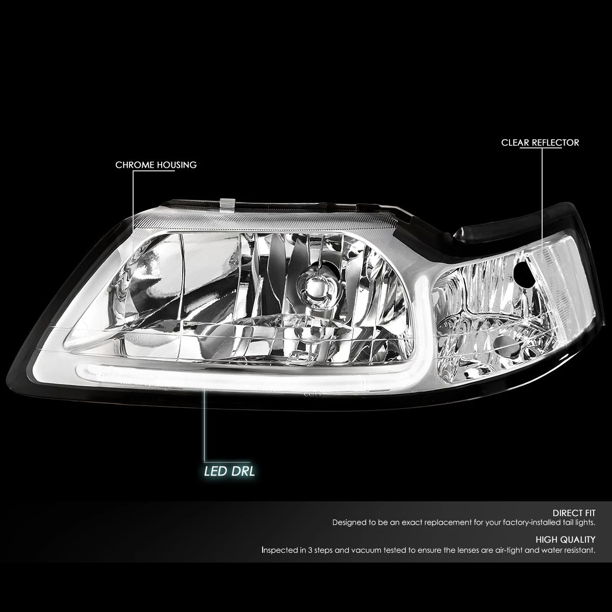 99-04 Ford Mustang LED DRL Bar Headlights - Chrome / Clear 2 99-04 Ford Mustang LED DRL Bar Headlights - Chrome / Clear - Image 2