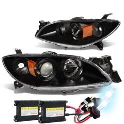 HID Combo 04-09 Mazda 3 4-Door Sedan Projector Headlights - Black / Amber