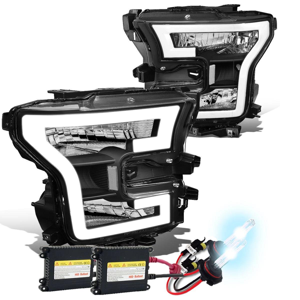 HID Combo 15-17 Ford F150 LED DRL Tube Euro Headlights - Black Clear 1 HID Combo 15-17 Ford F150 LED DRL Tube Euro Headlights - Black Clear