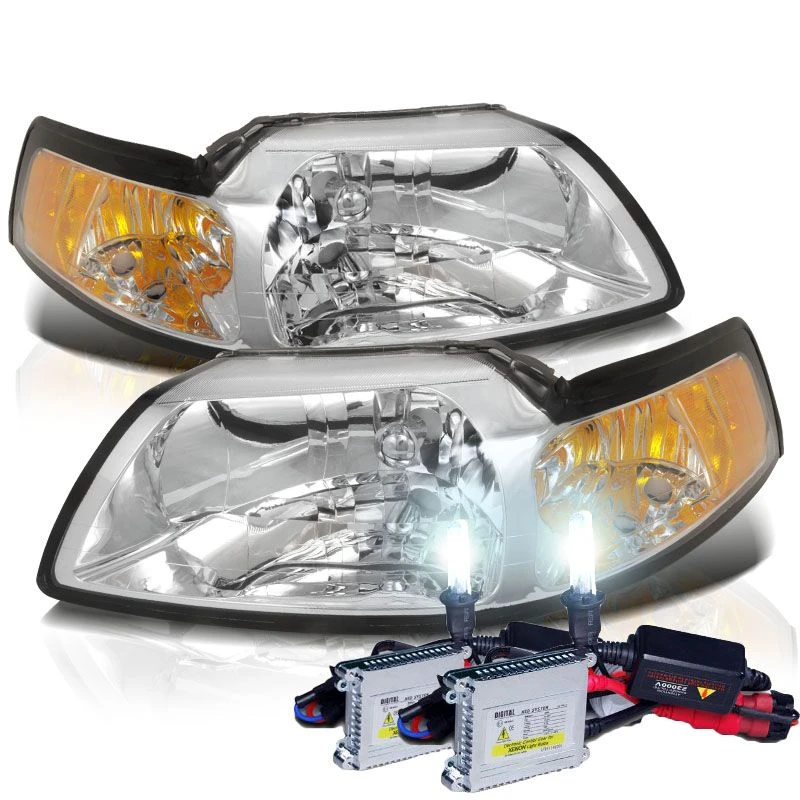 HID Combo 1999-2004 Ford Mustang 1PC Euro Style Chrome Amber Crystal Headlights 1 HID Combo 1999-2004 Ford Mustang 1PC Euro Style Chrome Amber Crystal Headlights