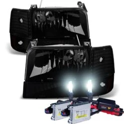 HID Combo 92-96 Ford F150 F250 F350 Bronco Crystal Replacement Headlights - Black Smoked