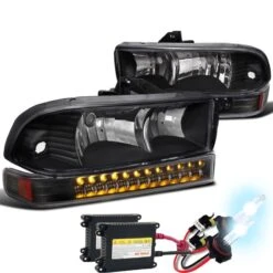 HID Combo 98-04 Chevy S10 Pickup / Blazer Crystal Headlights + LED Bumper Parking Lights - Black