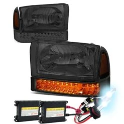 HID Combo 99-04 Ford F250/F350 Super Duty Headlight + Bumper + LED Turn Signal Light - Smoked Amber